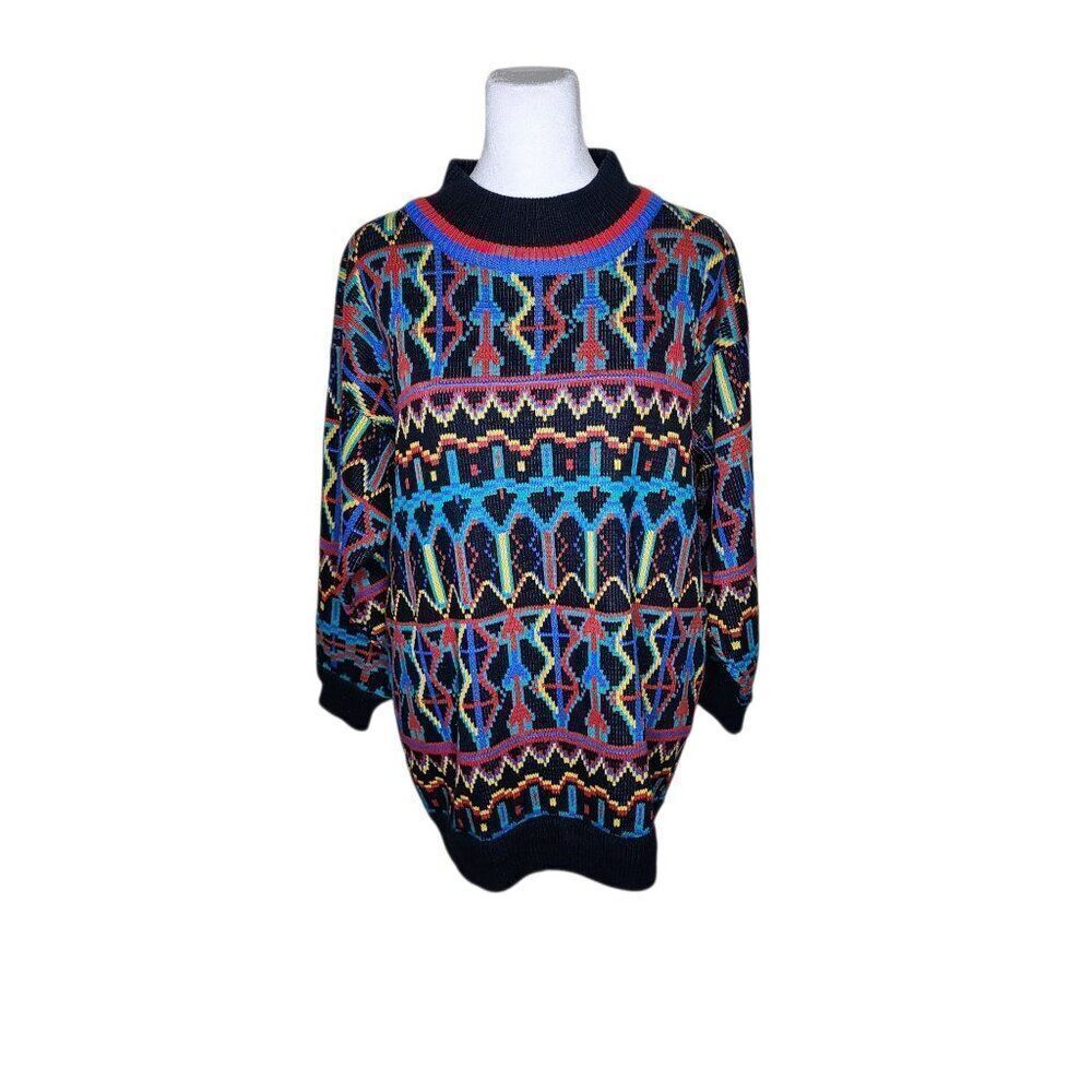 Vintage 80s Geometric Sweater Womens Size L Multi Black Oversized